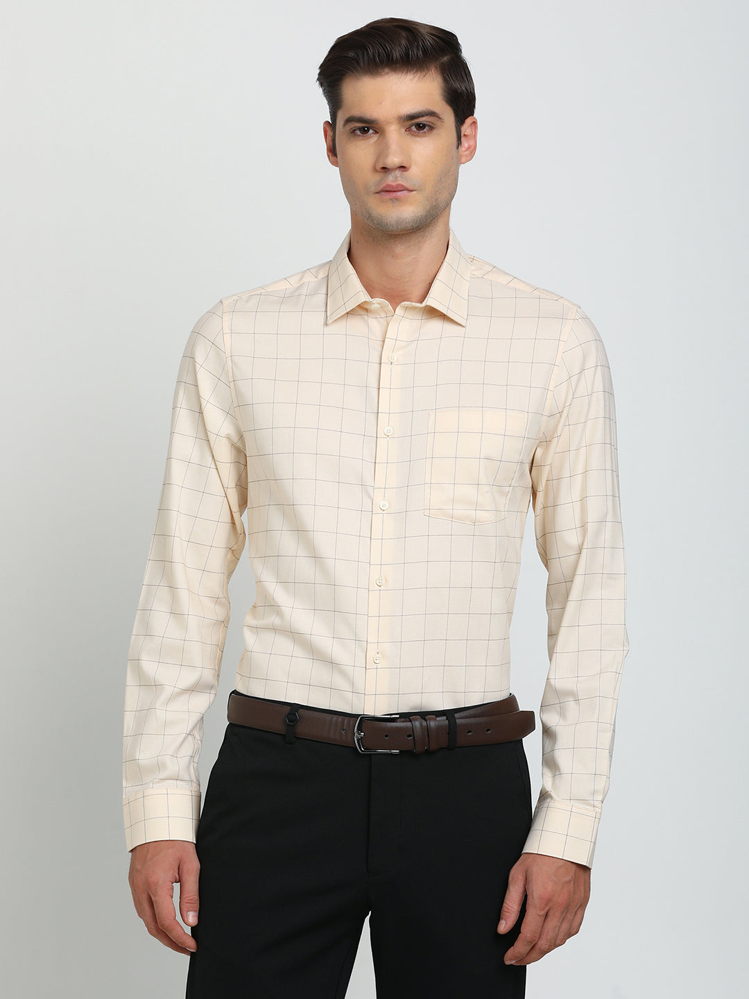 100% Cotton Light Yellow Checkered Slim Fit Full Sleeve Formal Shirt