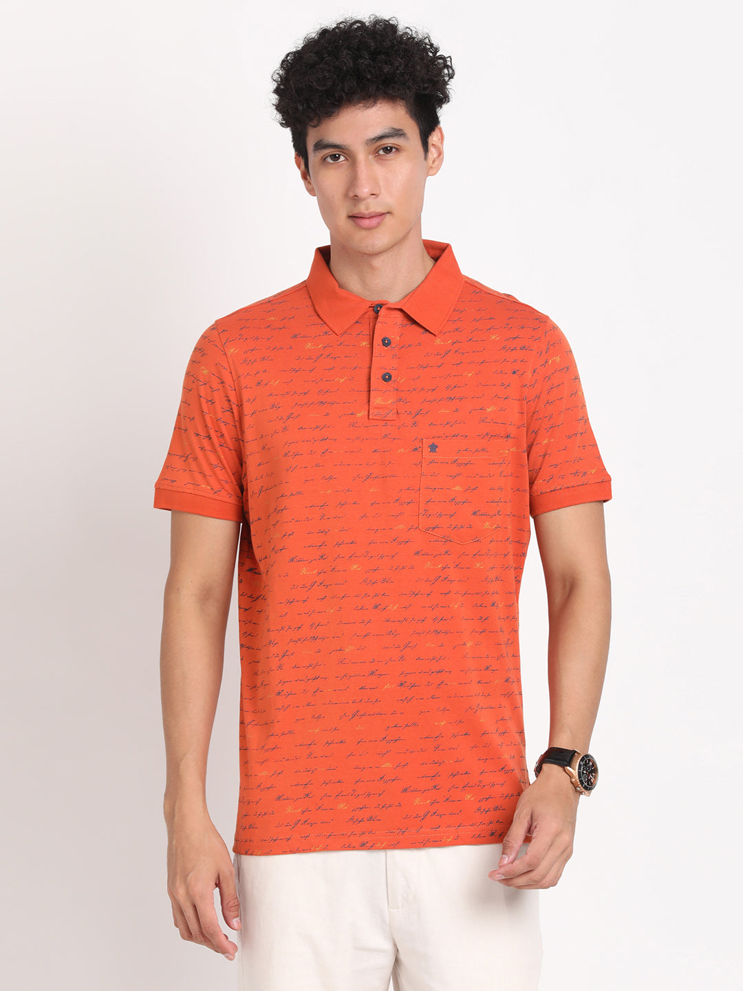 100% Cotton Orange Printed Polo Neck Half Sleeve Casual T-Shirt