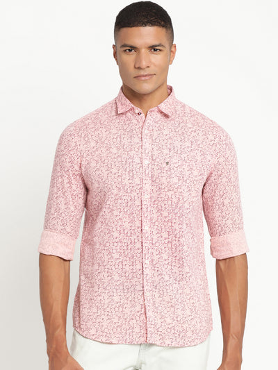 Turtle Men Pink Cotton Linen Printed Slim Fit Casual Shirts