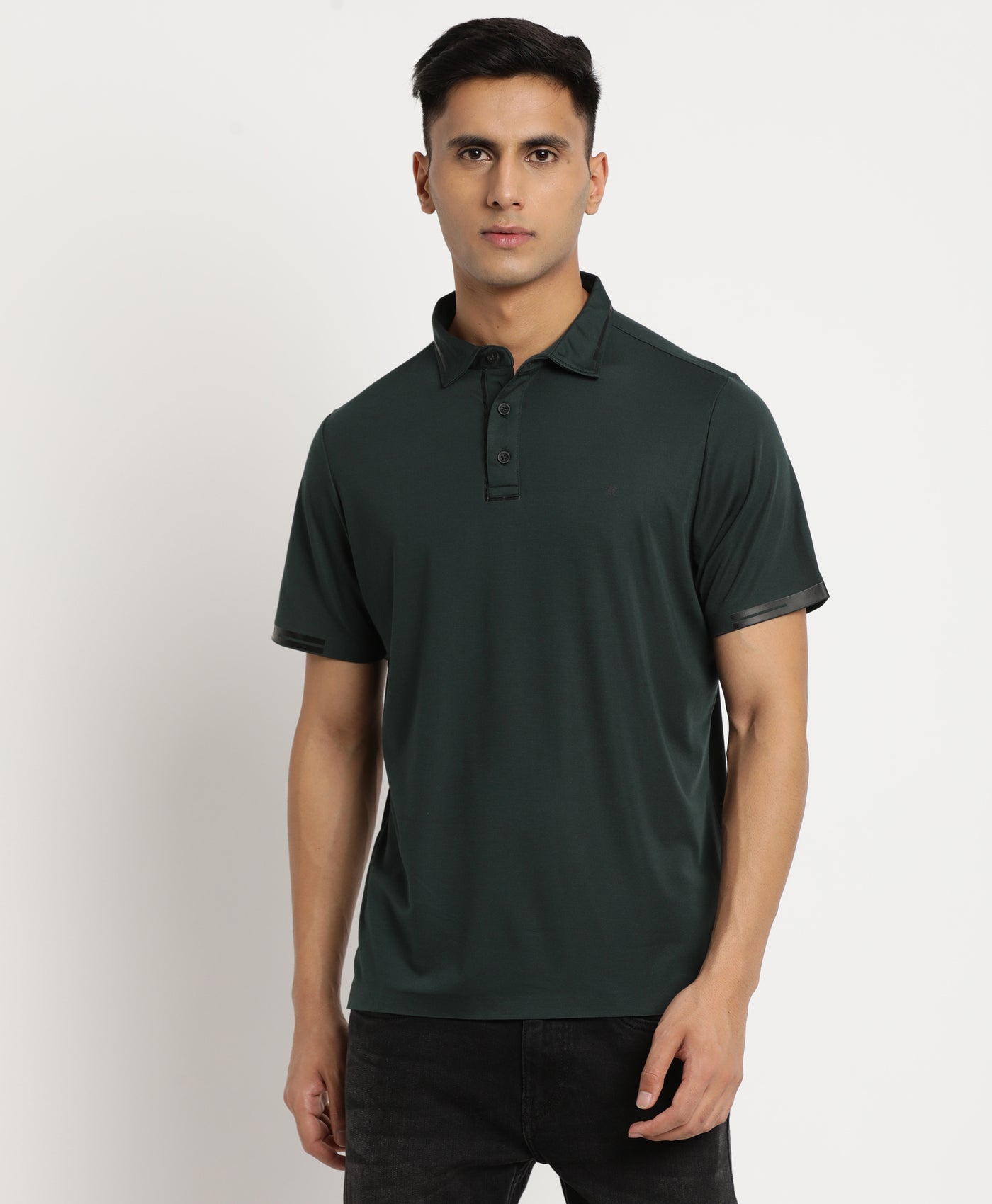 Cotton Dark Green Printed Polo Neck T-Shirts