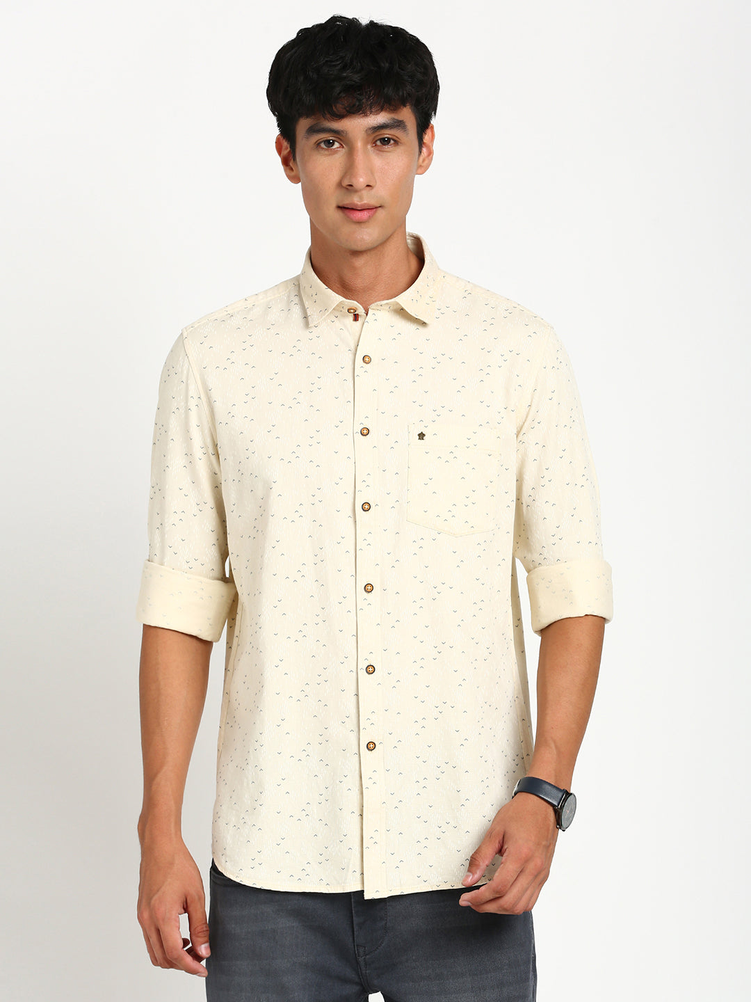 100% Cotton Beige Printed Slim Fit Full Sleeve Casual Shirt