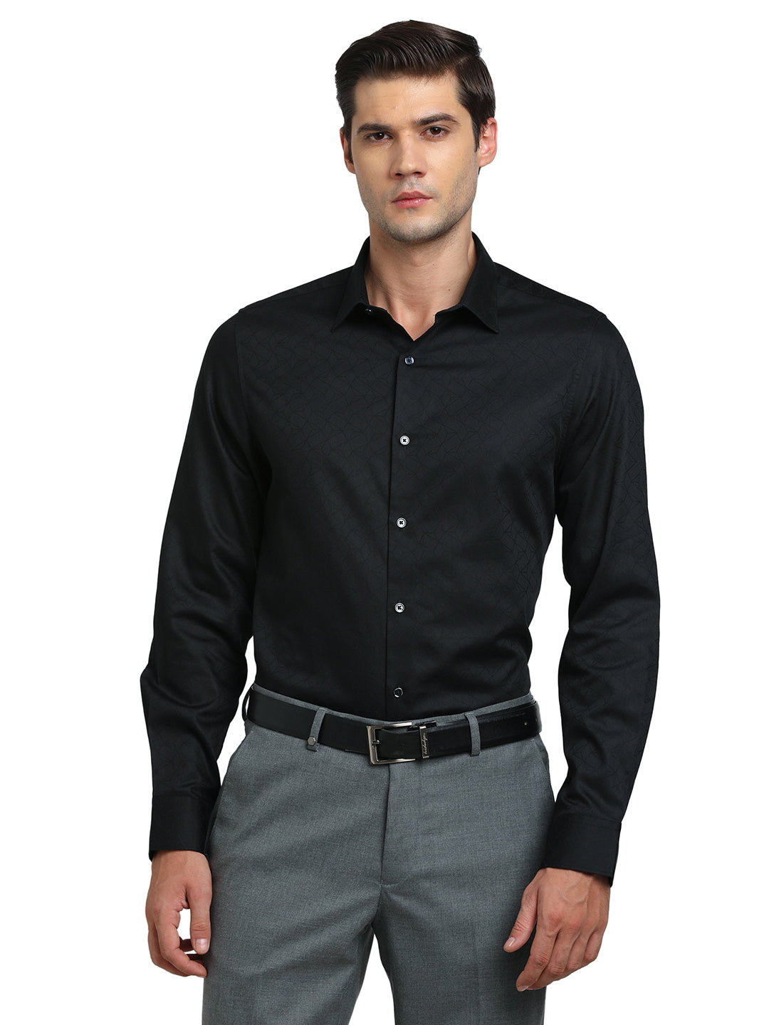 100% Cotton Black Jacquard Slim Fit Full Sleeve Ceremonial Shirt