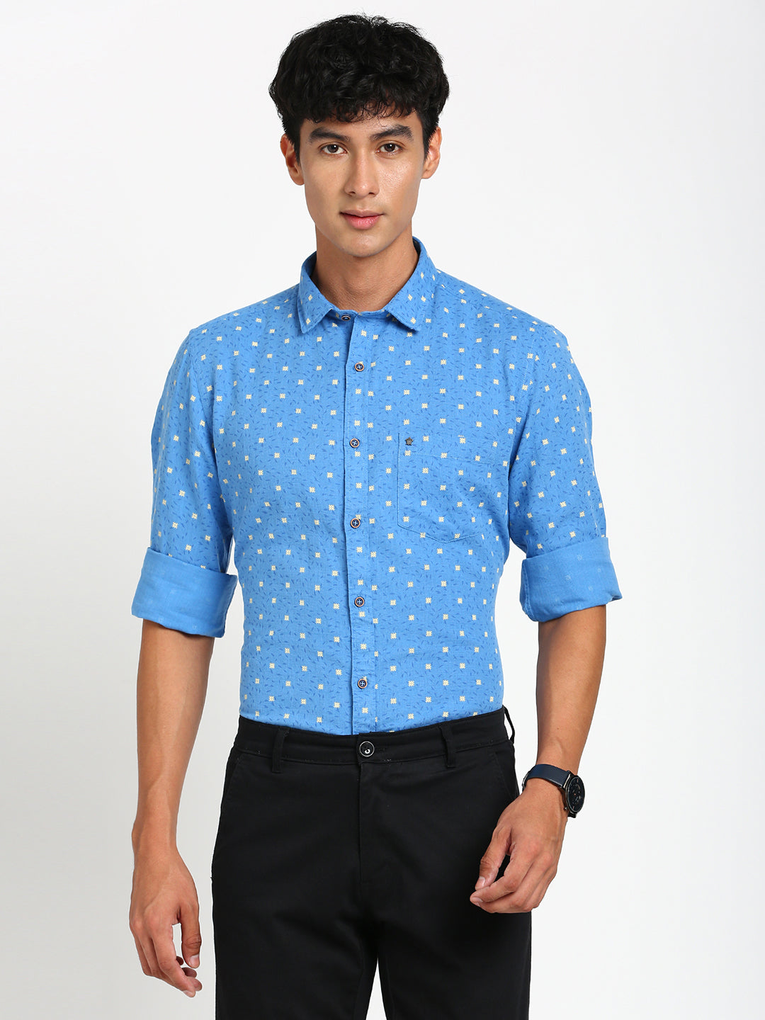 Cotton Linen Blue Printed Slim Fit Full Sleeve Casual Shirt