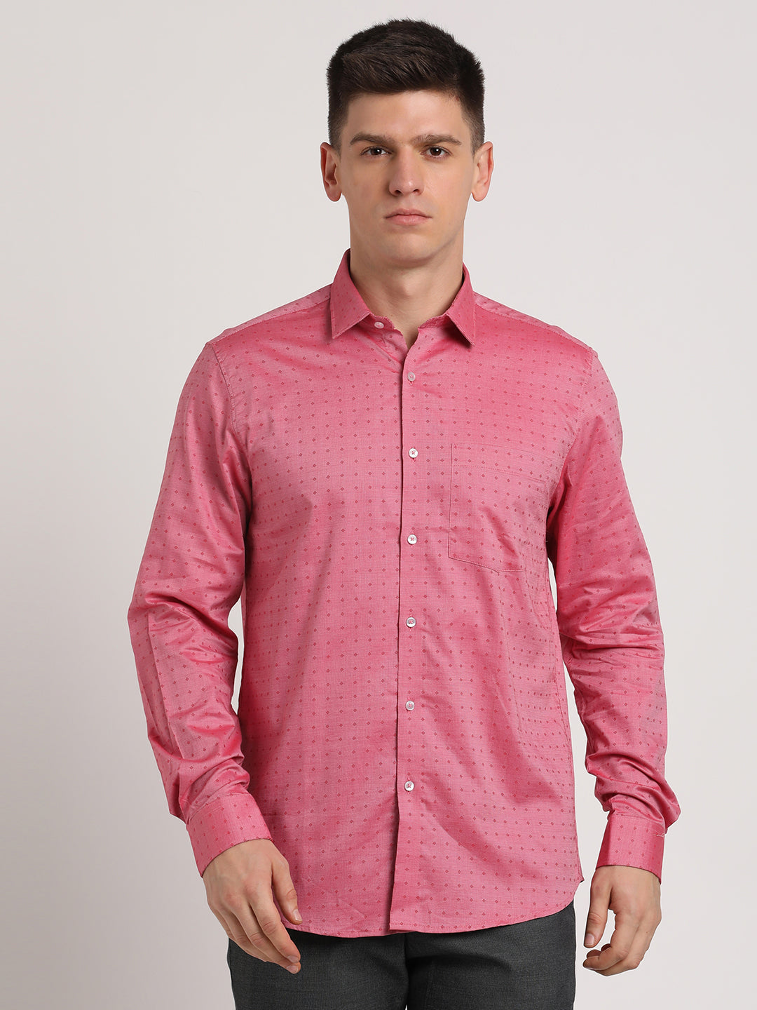 100% Cotton Dusty Pink Dobby Slim Fit Full Sleeve Formal Shirt