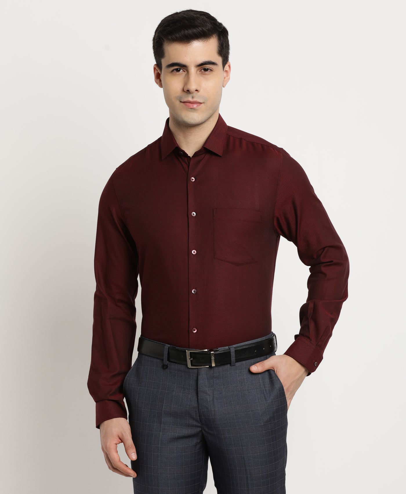 Giza Cotton Maroon Dobby Slim Fit Full Sleeve Formal Shirt