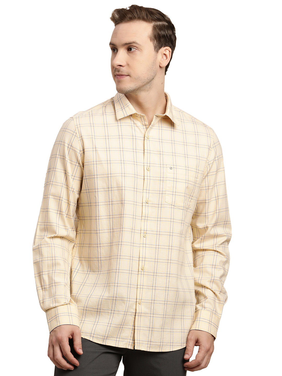 100% Cotton Beige Checkered Slim Fit Full Sleeve Casual Shirt