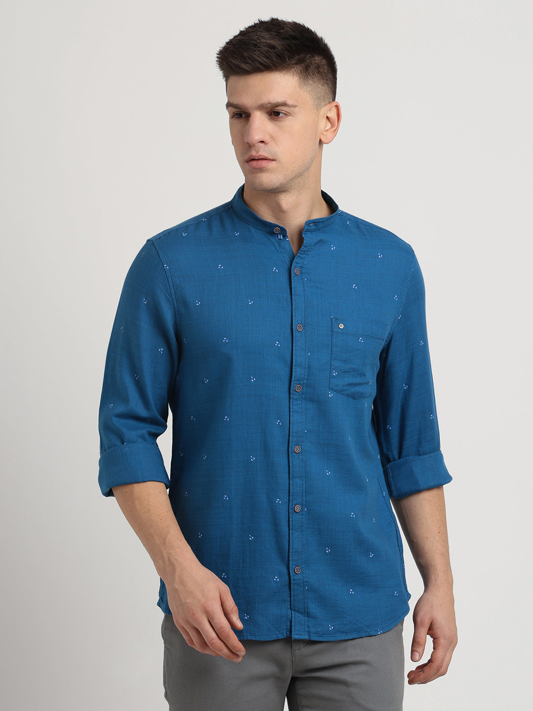 Cotton Lyocell Teal Printed Slim Fit Mandarin Collar Casual Shirt