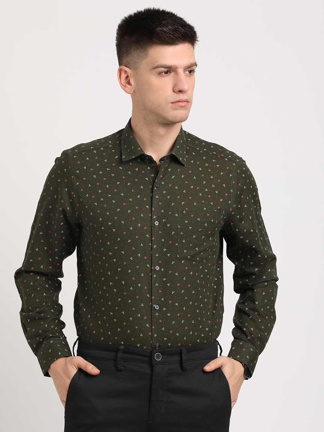 Cotton Linen Dark Green Printed Regular Fit Full Sleeve Formal Shirt