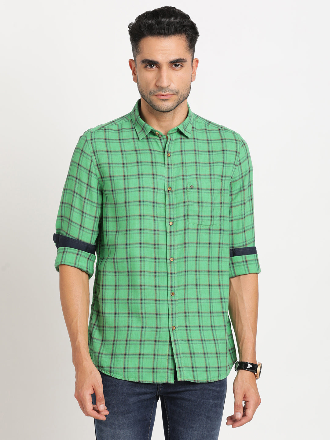 Cotton Viscose Green Checkered Slim Fit Full Sleeve Casual Shirt