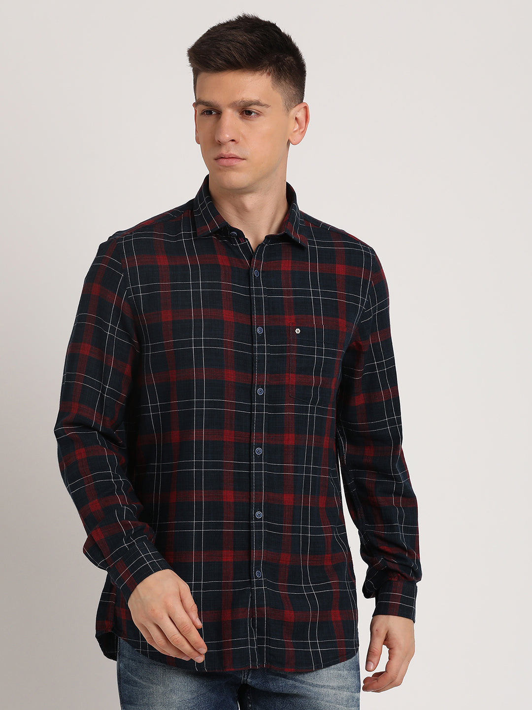 Cotton Lyocell Black Checkered Slim Fit Full Sleeve Casual Shirt