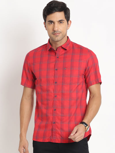 100% Cotton Red Checkered Slim Fit Half Sleeve Casual Shirt