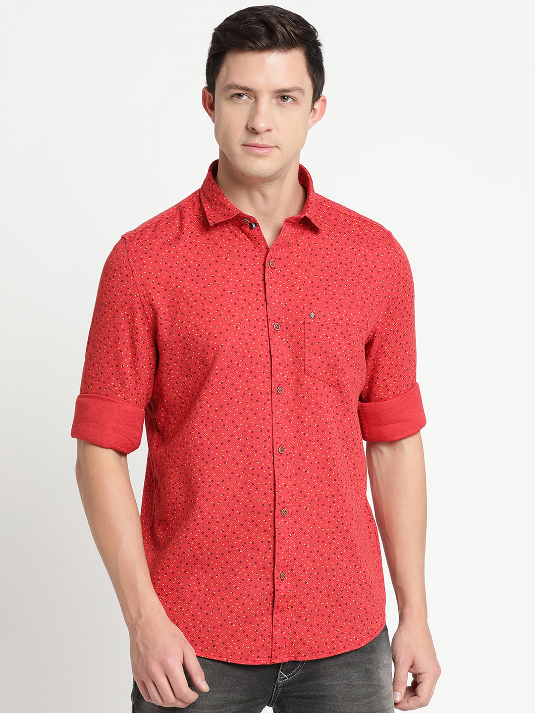 100% Cotton Red Printed Slim Fit Full Sleeve Casual Shirt