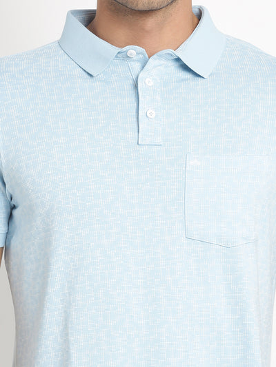 Cotton Stretch Sky Blue Printed Polo Neck Half Sleeve Casual T-Shirt