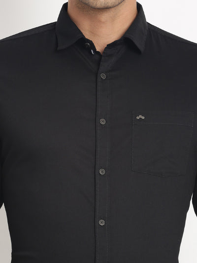 Cotton Stretch Black Plain Slim Fit Full Sleeve Casual Shirt
