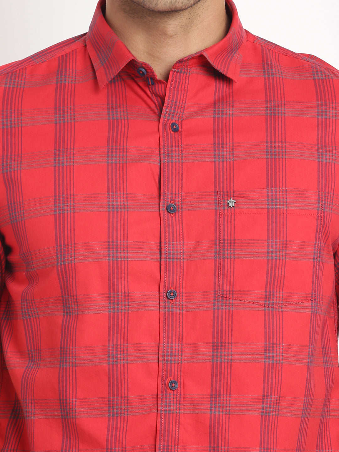 100% Cotton Red Checkered Slim Fit Half Sleeve Casual Shirt