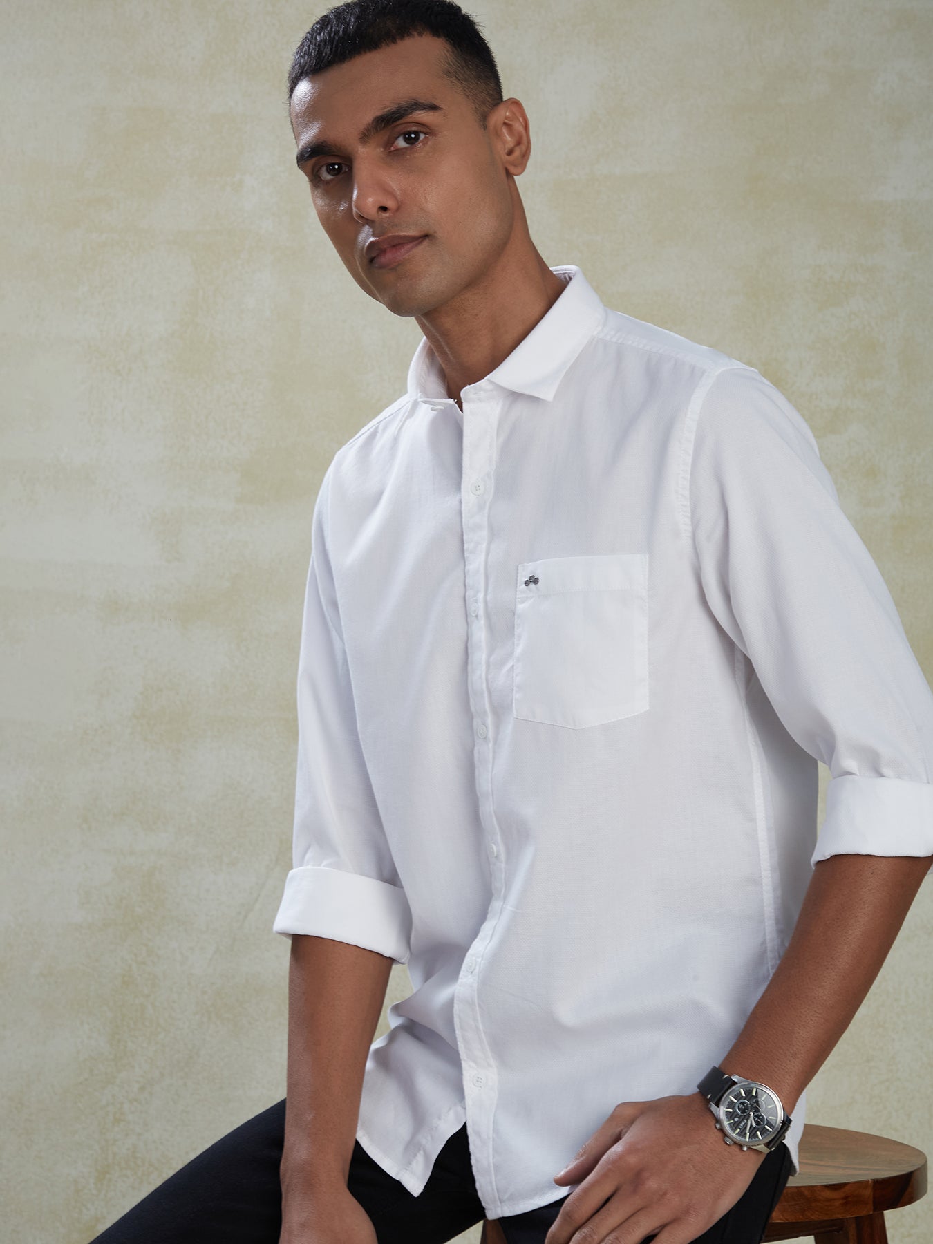 100% Cotton White Dobby Slim Fit Full Sleeve Casual Shirt