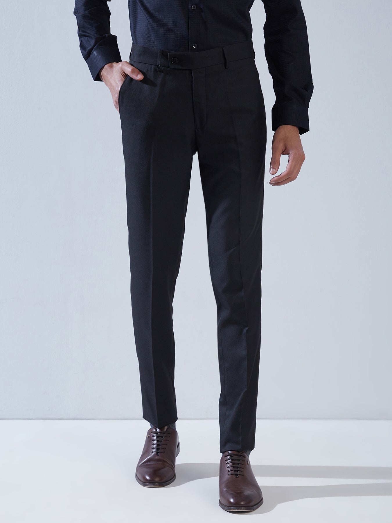 Pv Black Plain Slim Fit Flat Front Formal Trouser