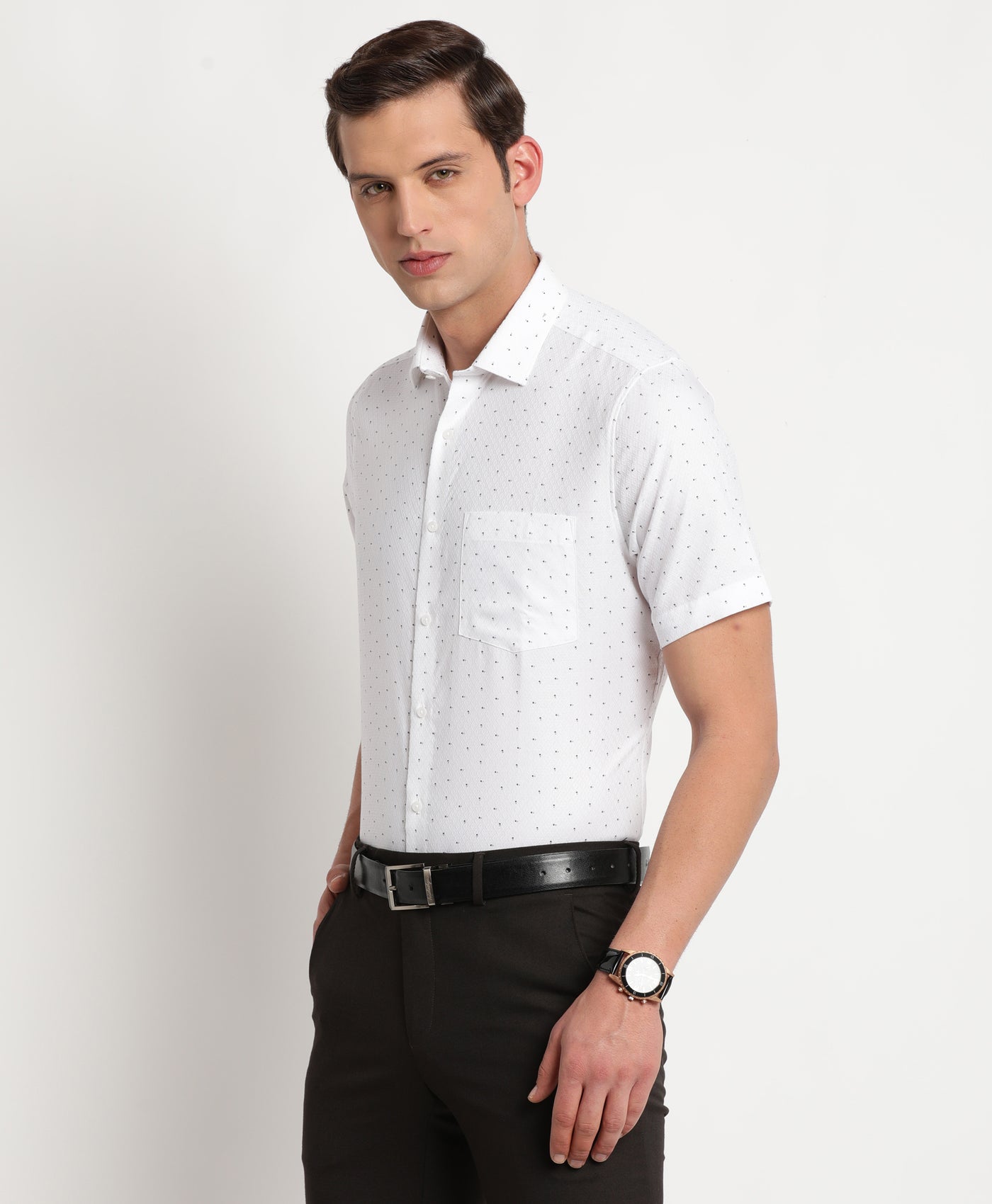 Cotton Tencel White Printed Regular Fit Half Sleeve Formal Shirt