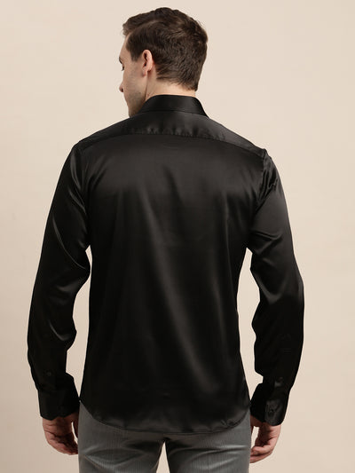 Poly Satin Black Plain Slim Fit Full Sleeve Ceremonial Shirt