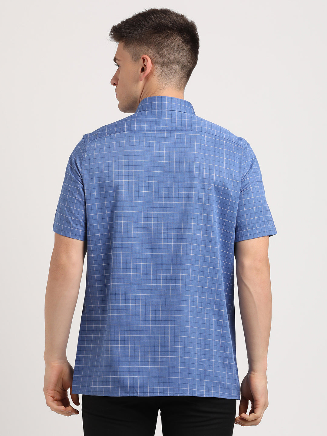 100% Cotton Blue Checkered Regular Fit Half Sleeve Formal Shirt