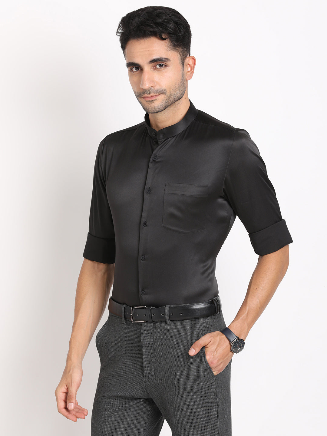 Cotton Black Plain Regular Fit Mandarin Collar Formal Shirt