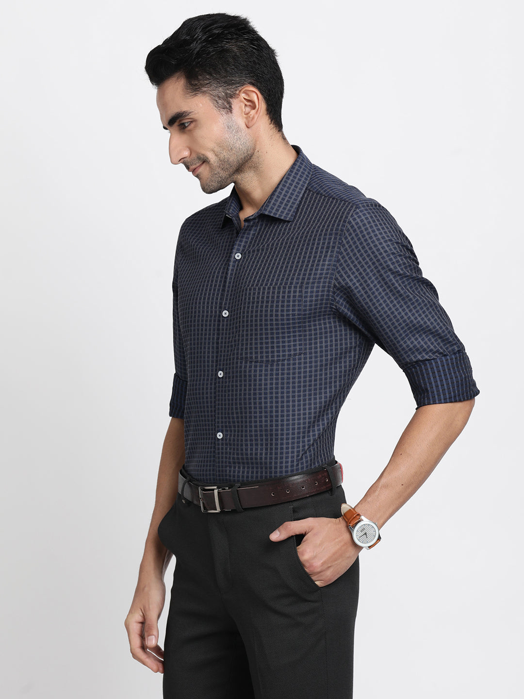 Giza Cotton Navy Blue Checkered Slim Fit Full Sleeve Formal Shirt