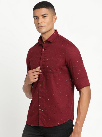 100% Cotton Maroon Printed Slim Fit Full Sleeve Casual Shirt