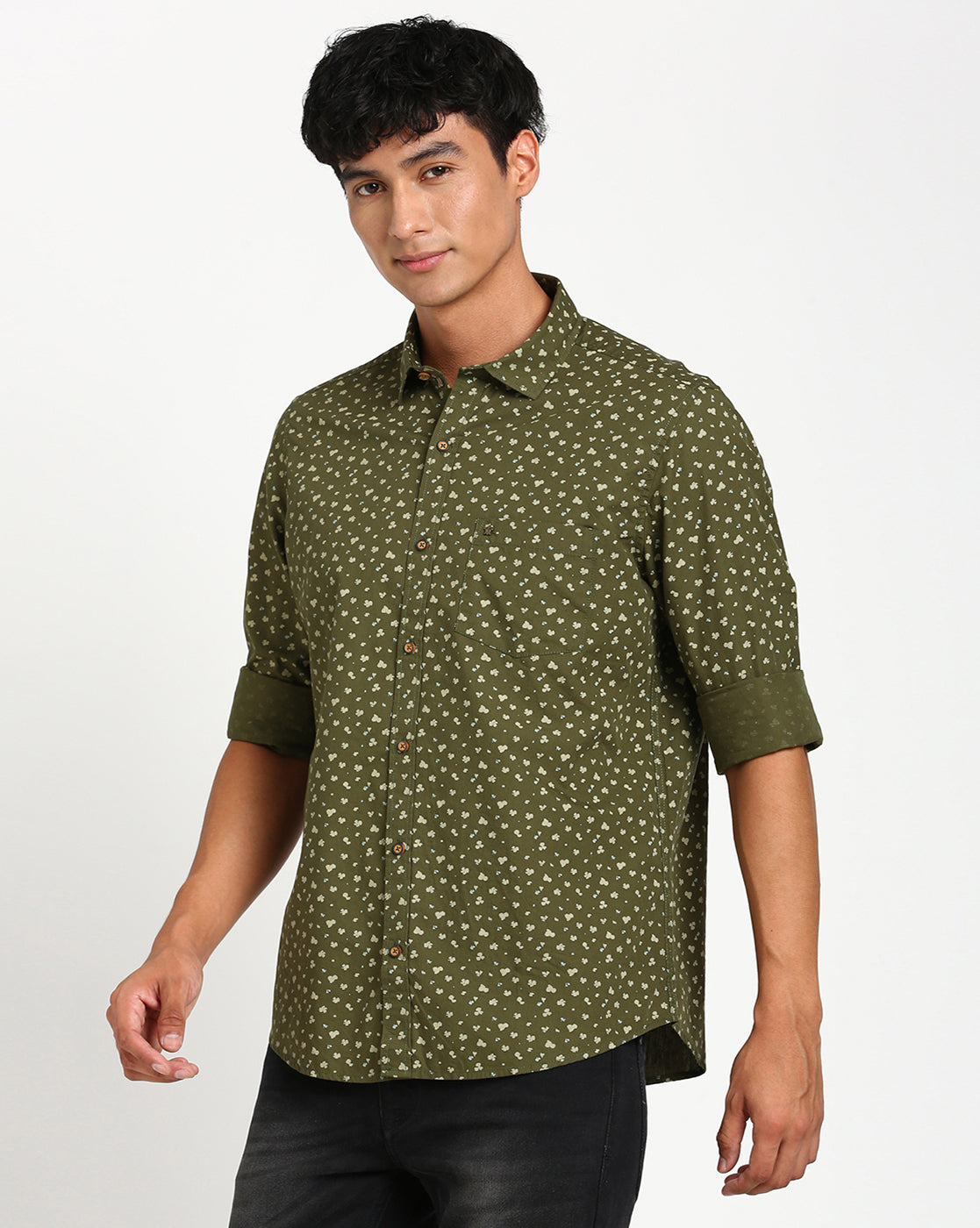 100% Cotton Olive Printed Slim Fit Full Sleeve Casual Shirt