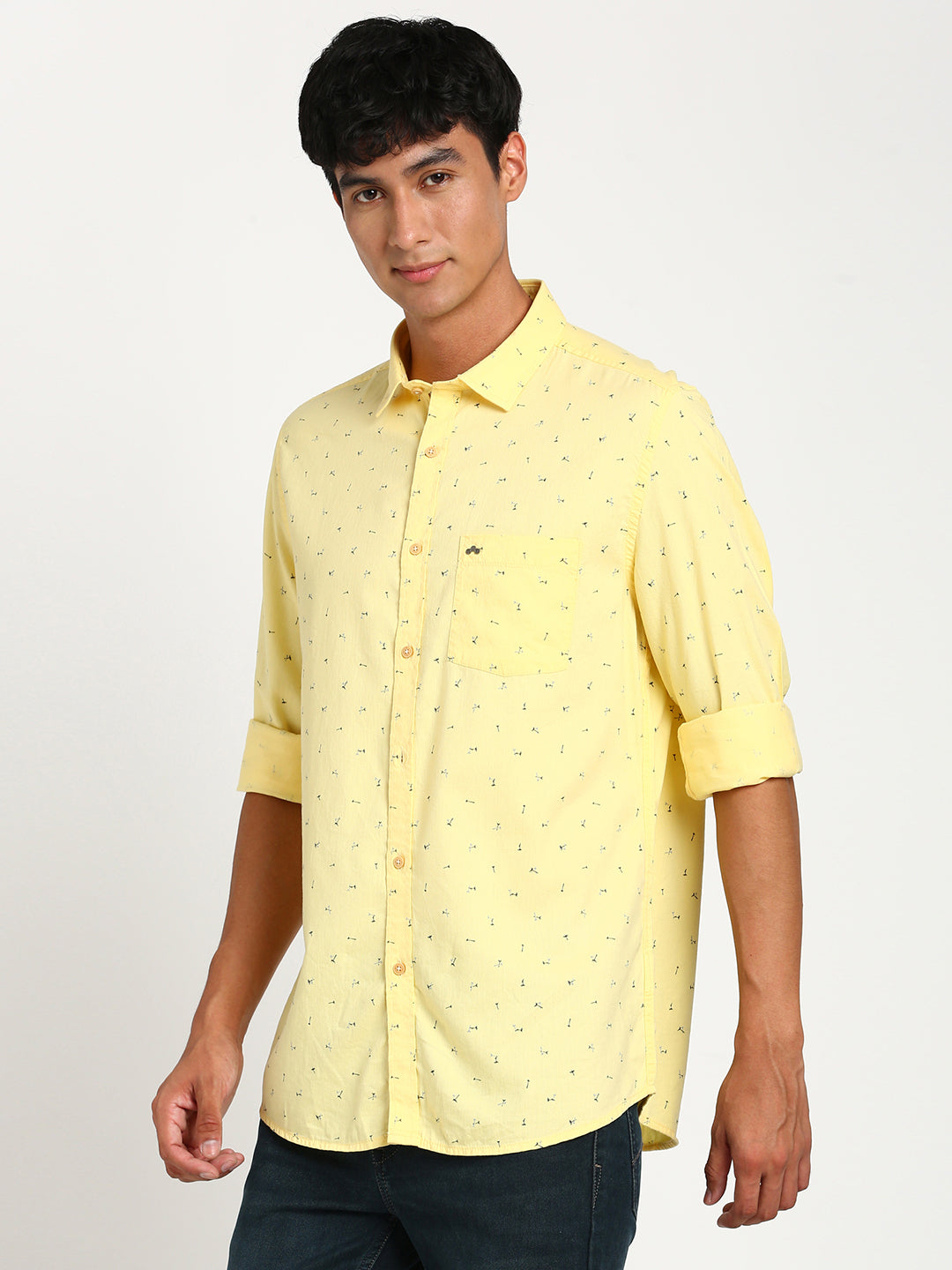 Cotton Tencel Yellow Printed Slim Fit Full Sleeve Casual Shirt