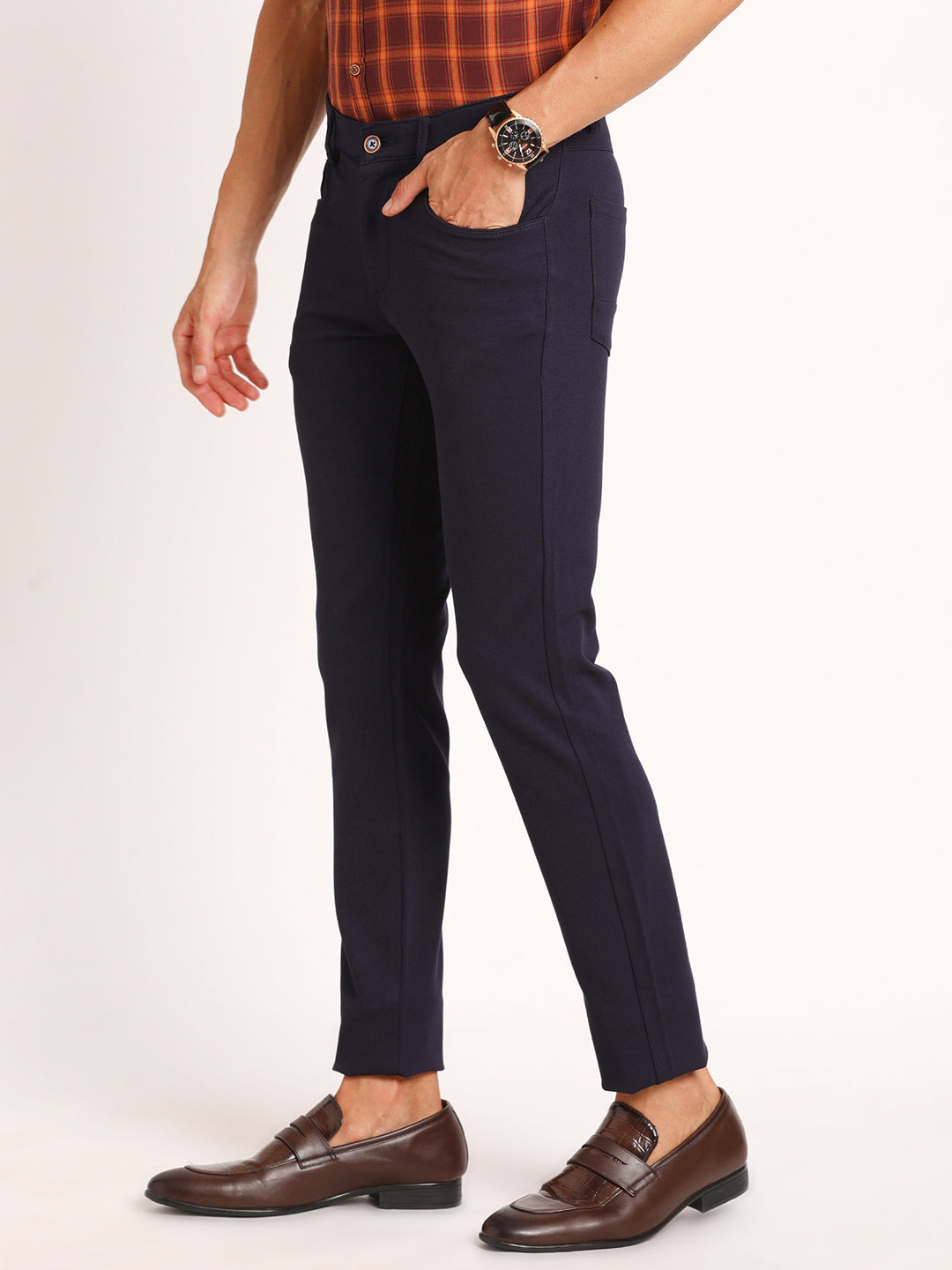 Cotton Navy Blue Plain Narrow Fit Flat Front Casual Trouser