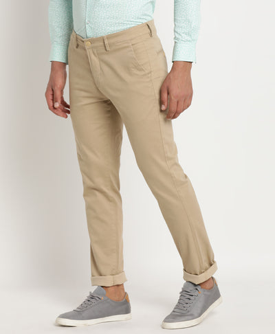 Cotton Stretch Beige Dobby Ultra Slim Fit Flat Front Casual Trouser