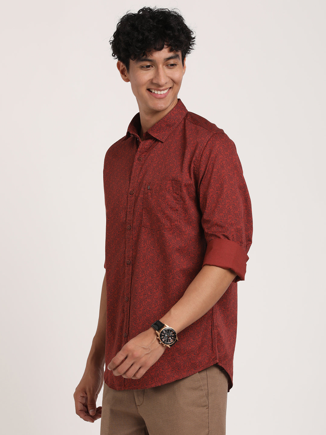 Pure Cotton Maroon Printed Slim Fit Casual Shirts