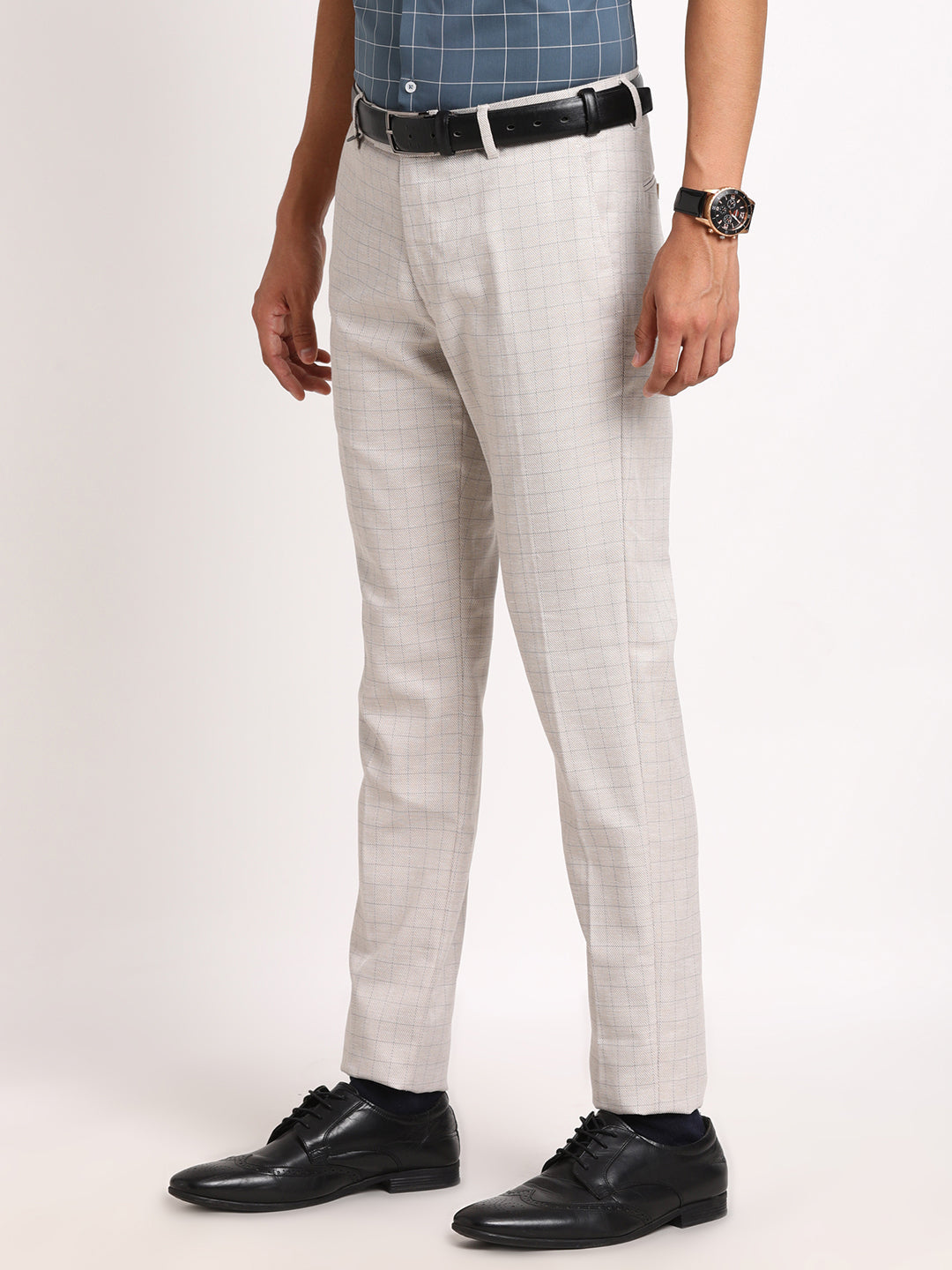 Poly Viscose Beige Checkered Ultra Slim Fit Flat Front Formal Trouser
