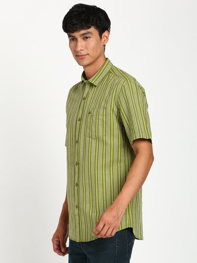 Cotton Linen Green Striped Slim Fit Half Sleeve Casual Shirt