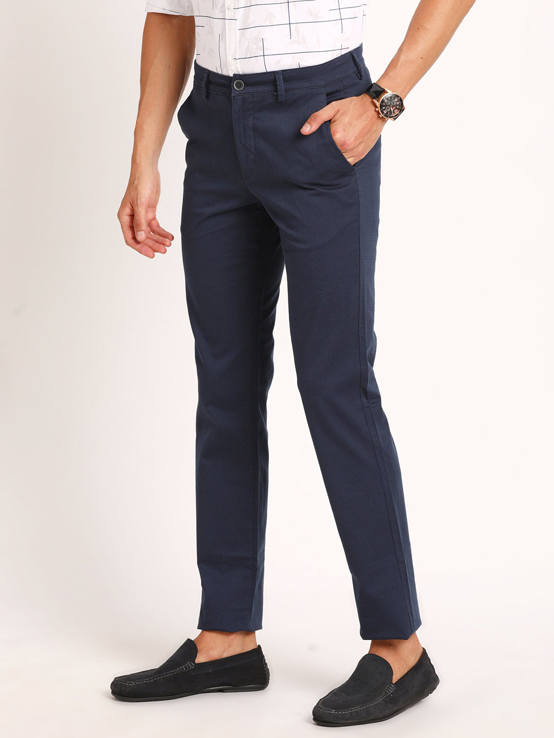 Cotton Stretch Navy Printed Ultra Slim Fit Flat Front Casual Trouser