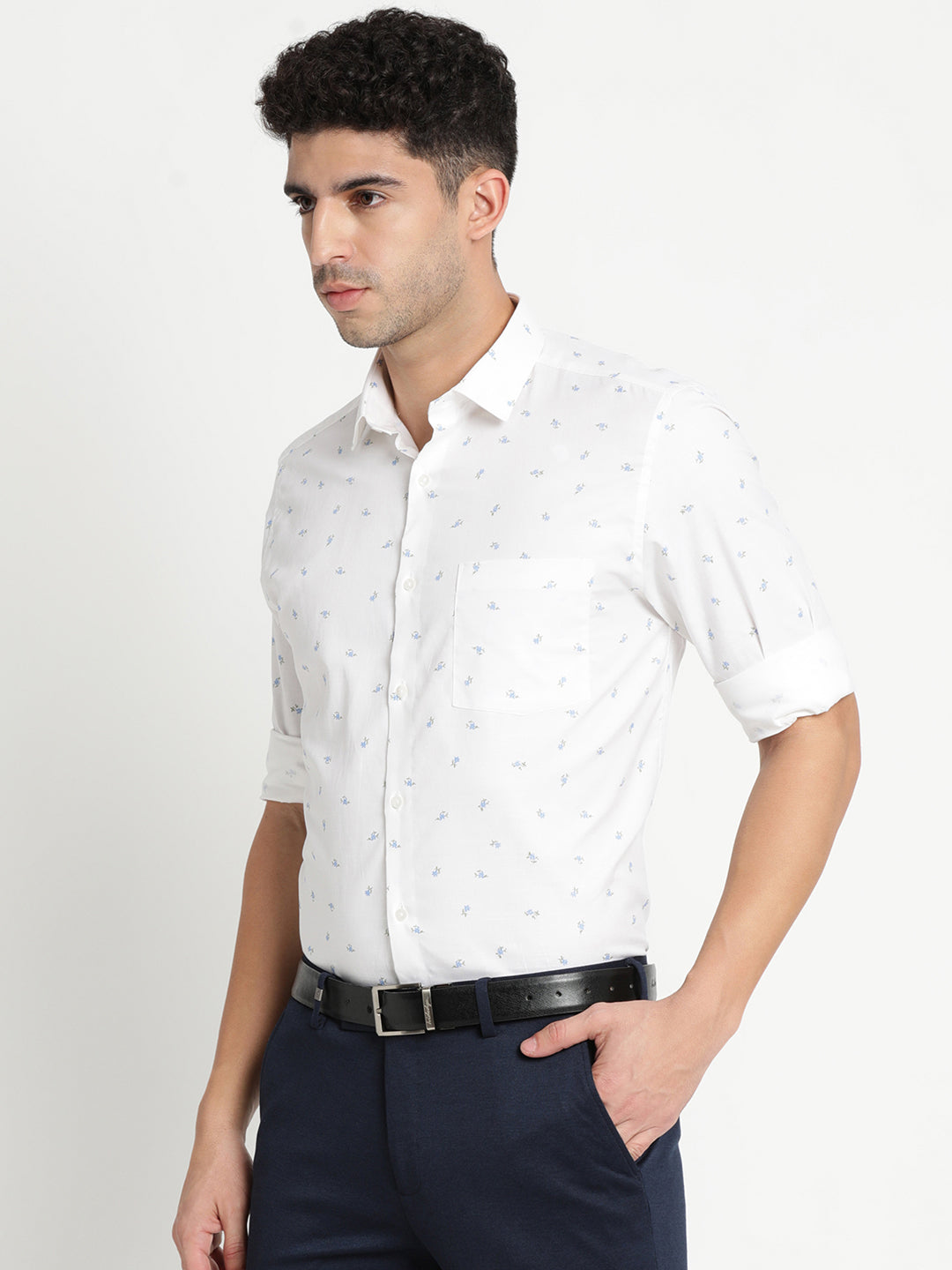 100% Cotton White Printed Regular Fit Full Sleeve Formal Shirt