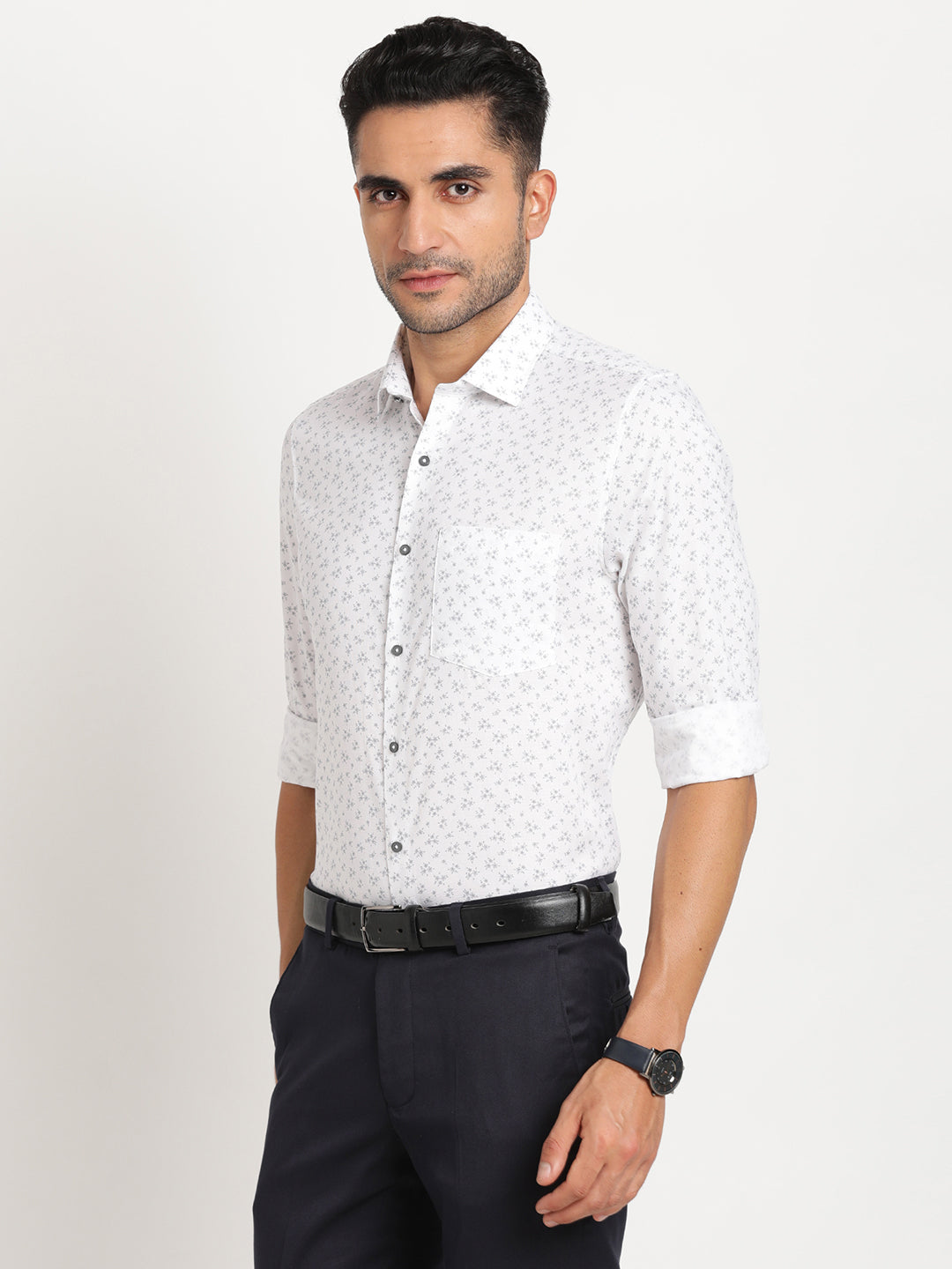 100% Cotton Off White Printed Slim Fit Full Sleeve Formal Shirt