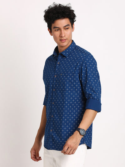 100% Cotton Blue Printed Slim Fit Full Sleeve Casual Shirt