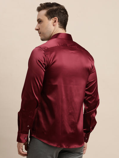 Poly Satin Maroon Plain Slim Fit Full Sleeve Ceremonial Shirt