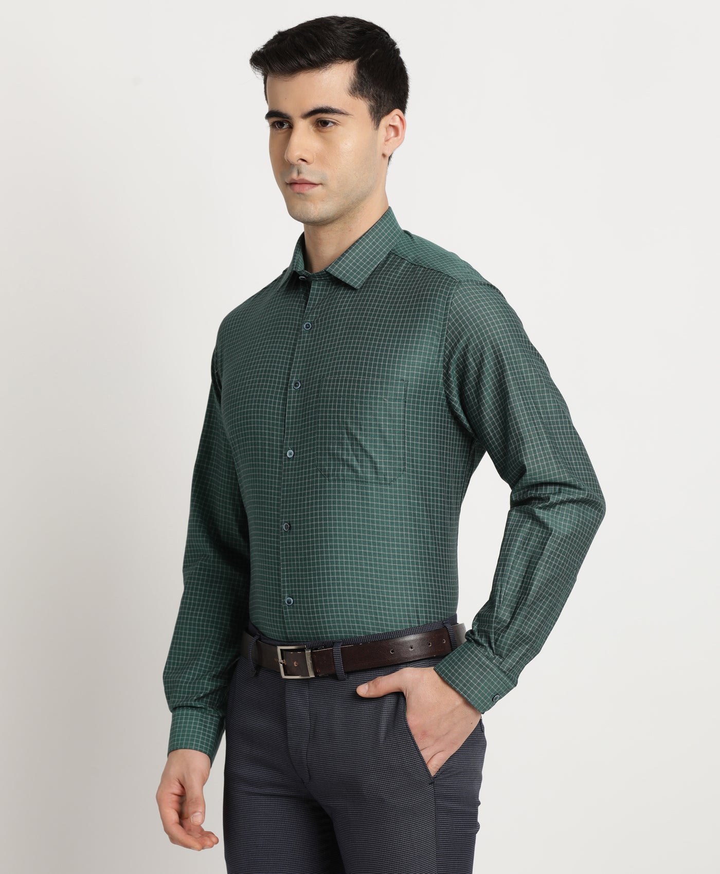 100% Cotton Green Checkered Slim Fit Full Sleeve Formal Shirt
