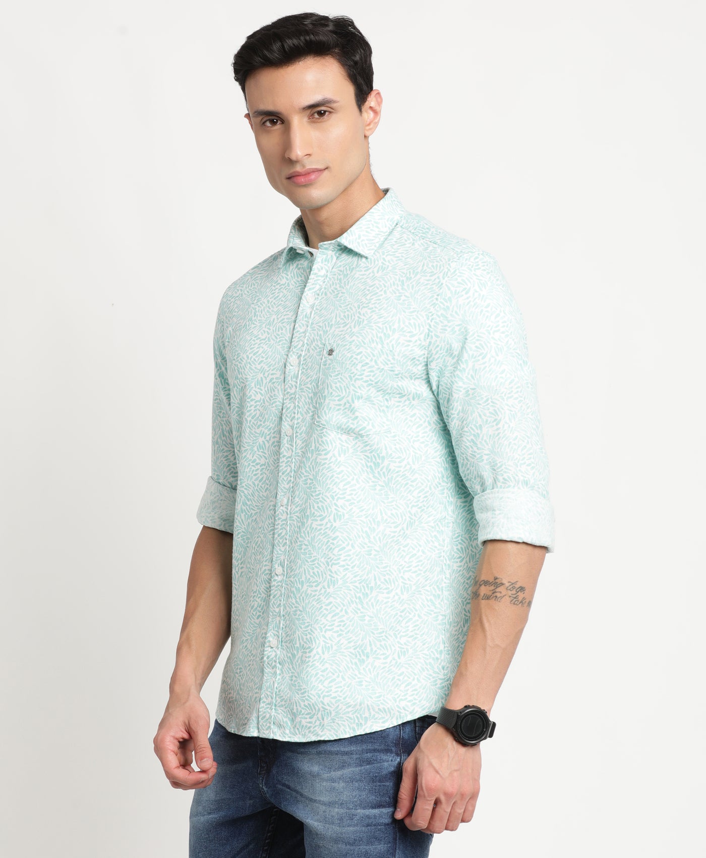 Excel Linen Blue Printed Slim Fit Full Sleeve Casual Shirt