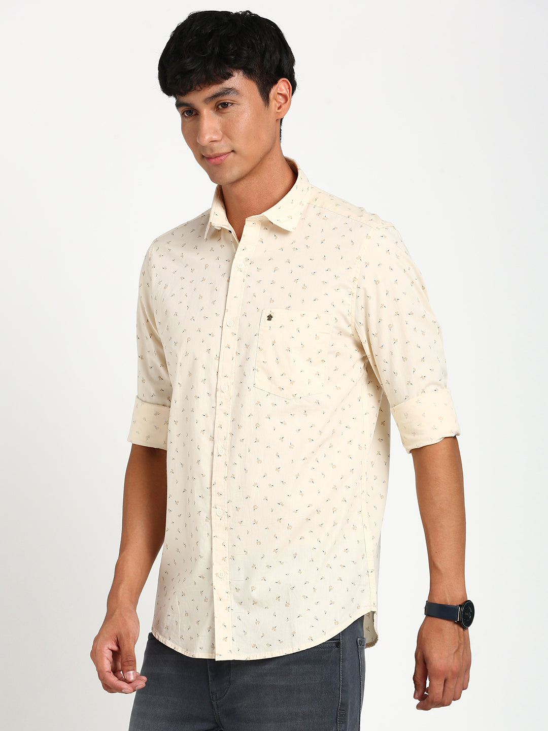 100% Cotton Beige Printed Slim Fit Full Sleeve Casual Shirt