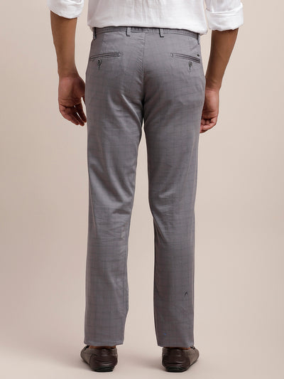 Cotton Stretch Grey Checkered Ultra Slim Fit Flat Front Casual Trouser