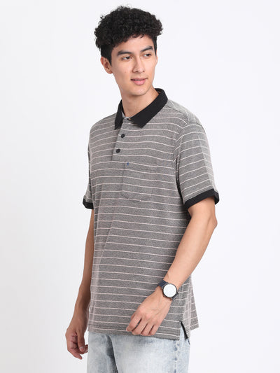 Knitted Dark Grey Striped Polo Neck Half Sleeve Casual T-Shirt