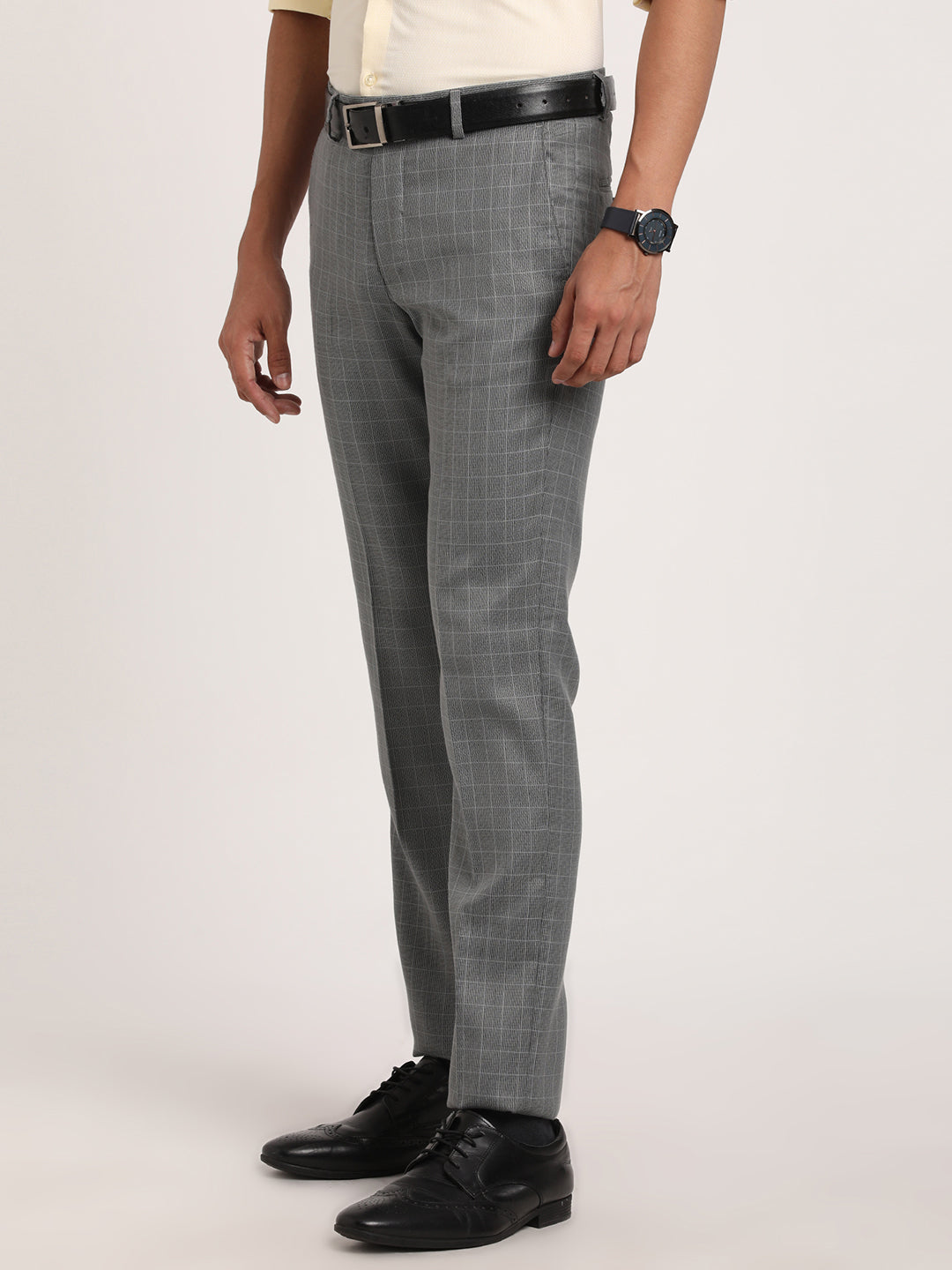 Turtle Men Pure Cotton Grey Self Design Ultra Slim Fit Formal Trousers