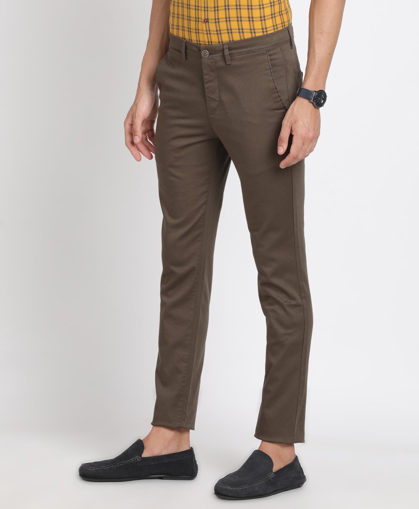 Cotton Stretch Brown Printed Narrow Fit Flat Front Casual Trouser