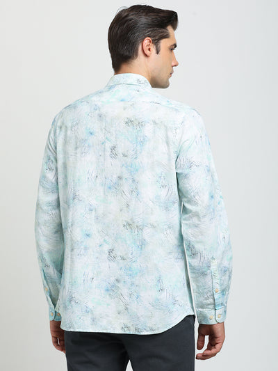 Cotton Linen Sky Blue Printed Slim Fit Full Sleeve Casual Shirt