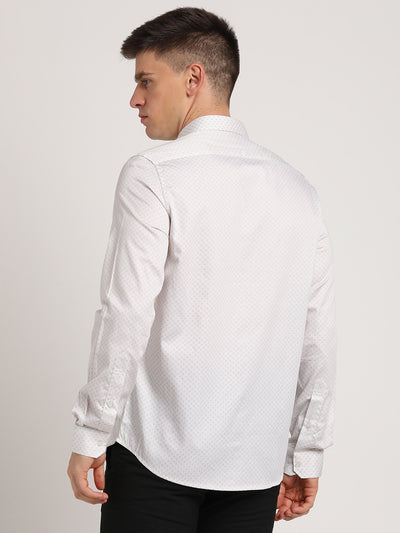 100% Cotton White Printed Slim Fit Full Sleeve Formal Shirt