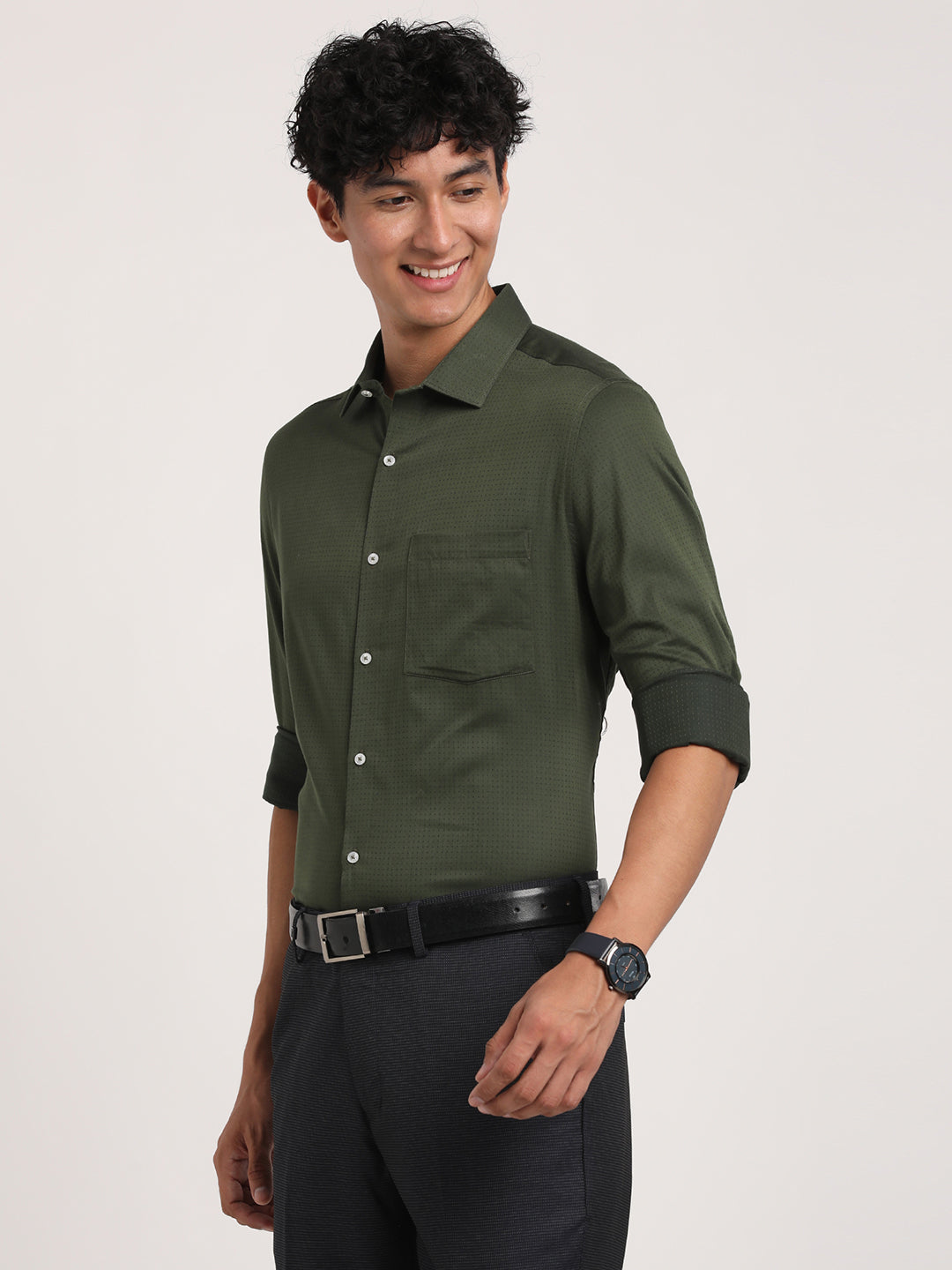 100% Cotton Green Dobby Slim Fit Full Sleeve Formal Shirt