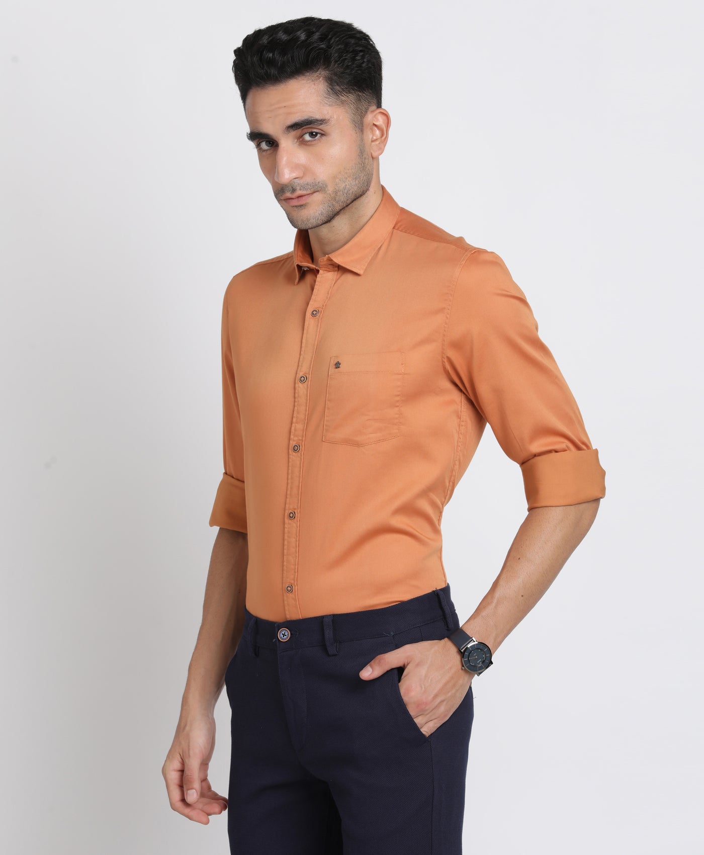 Cotton Stretch Orange Plain Slim Fit Full Sleeve Casual Shirt